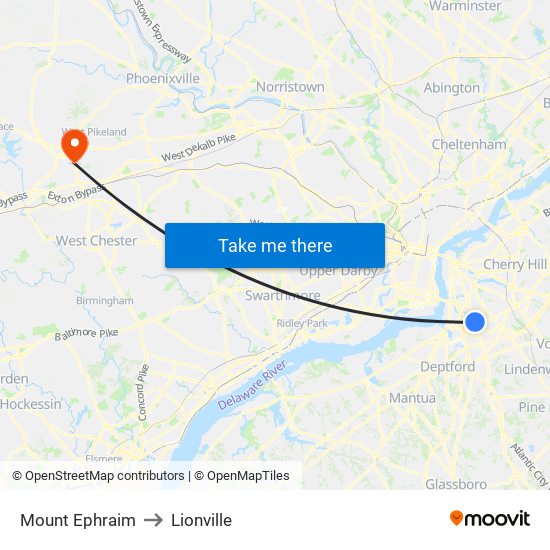 Mount Ephraim to Lionville map