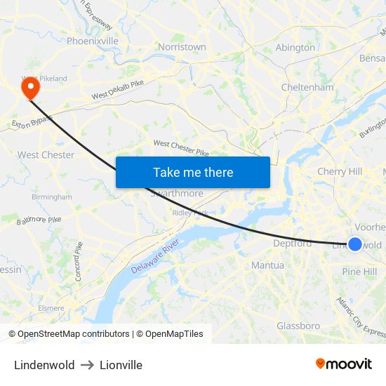 Lindenwold to Lionville map