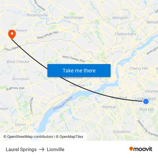 Laurel Springs to Lionville map