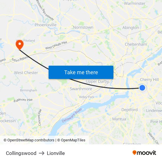 Collingswood to Lionville map