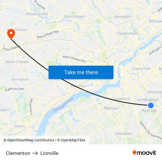 Clementon to Lionville map