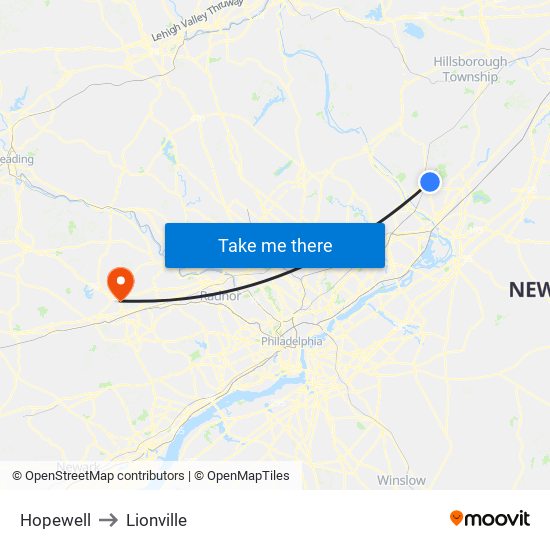 Hopewell to Lionville map