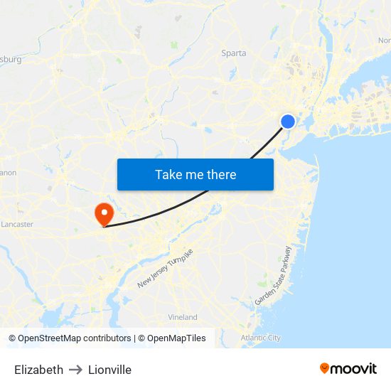 Elizabeth to Lionville map