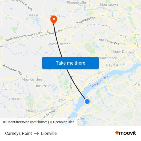 Carneys Point to Lionville map