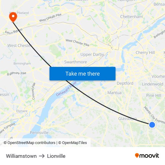 Williamstown to Lionville map