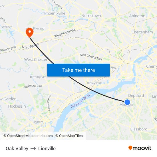 Oak Valley to Lionville map