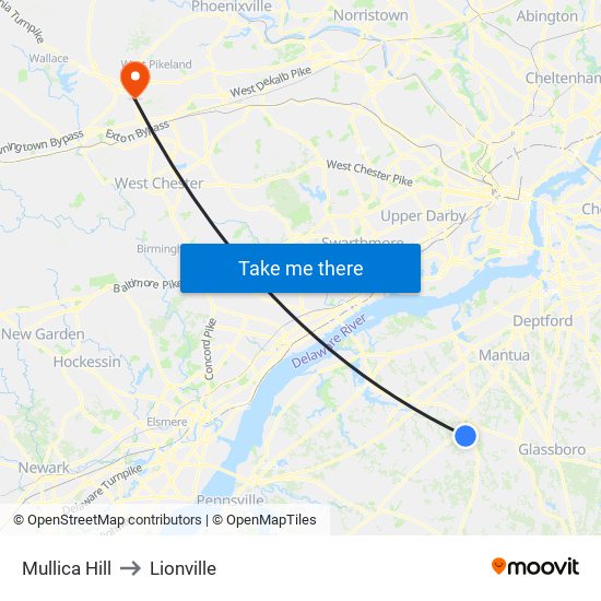 Mullica Hill to Lionville map