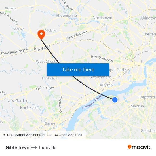 Gibbstown to Lionville map