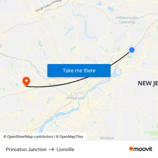 Princeton Junction to Lionville map