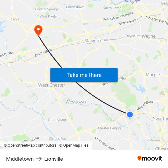 Middletown to Lionville map