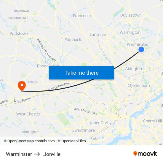 Warminster to Lionville map