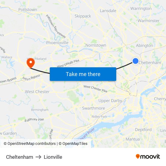 Cheltenham to Lionville map