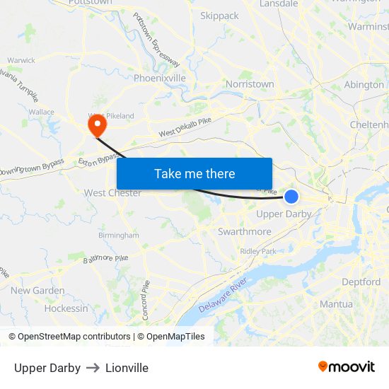 Upper Darby to Lionville map