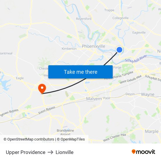 Upper Providence to Lionville map