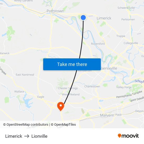 Limerick to Lionville map