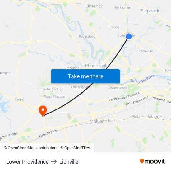 Lower Providence to Lionville map