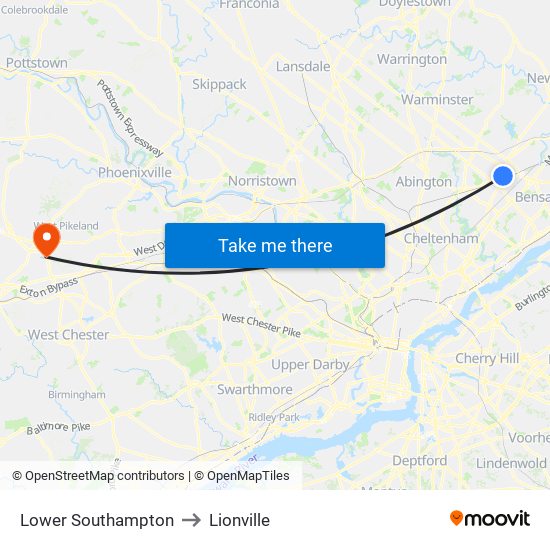 Lower Southampton to Lionville map