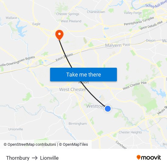 Thornbury to Lionville map