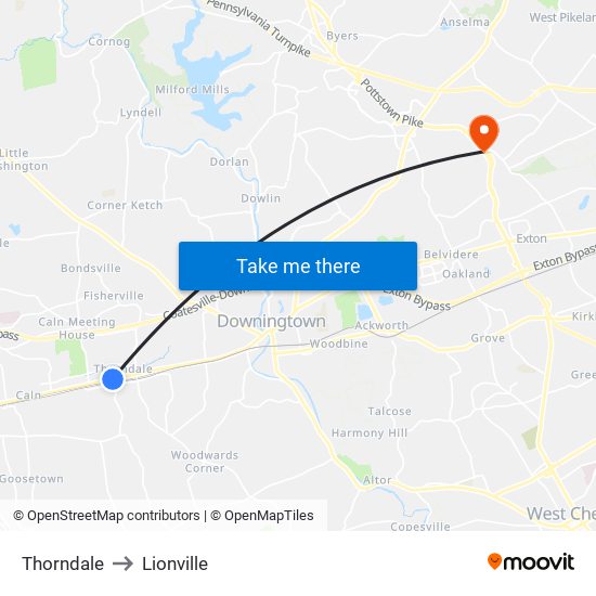 Thorndale to Lionville map