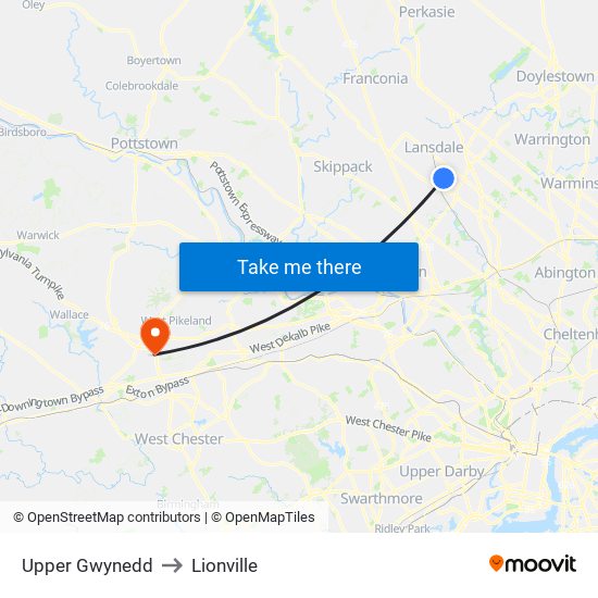 Upper Gwynedd to Lionville map