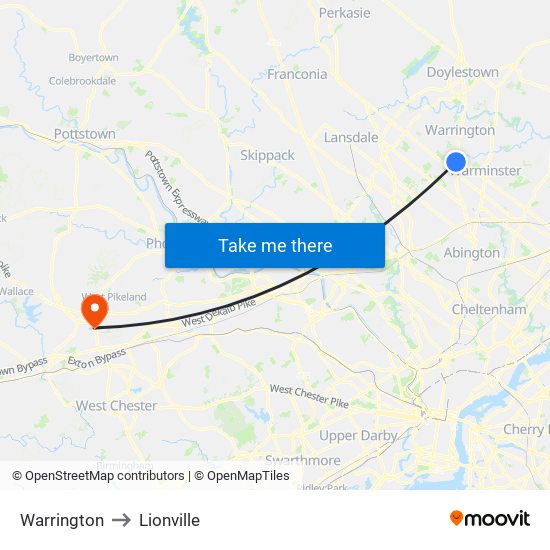 Warrington to Lionville map