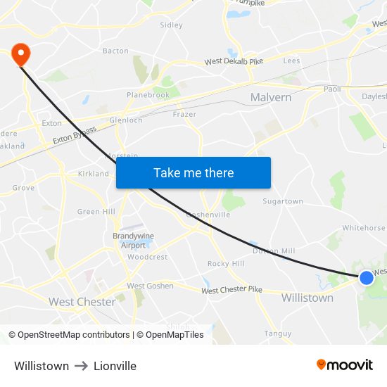 Willistown to Lionville map