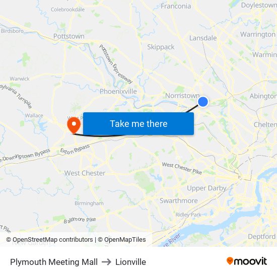 Plymouth Meeting Mall to Lionville map
