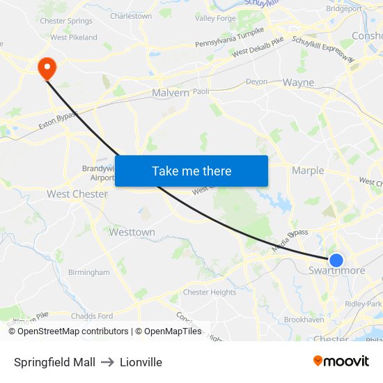 Springfield Mall to Lionville map