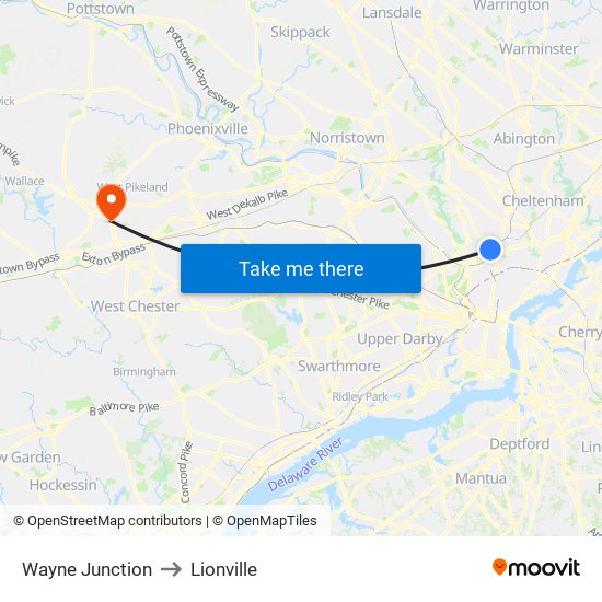 Wayne Junction to Lionville map