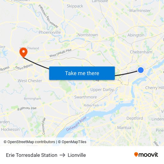 Erie Torresdale Station to Lionville map