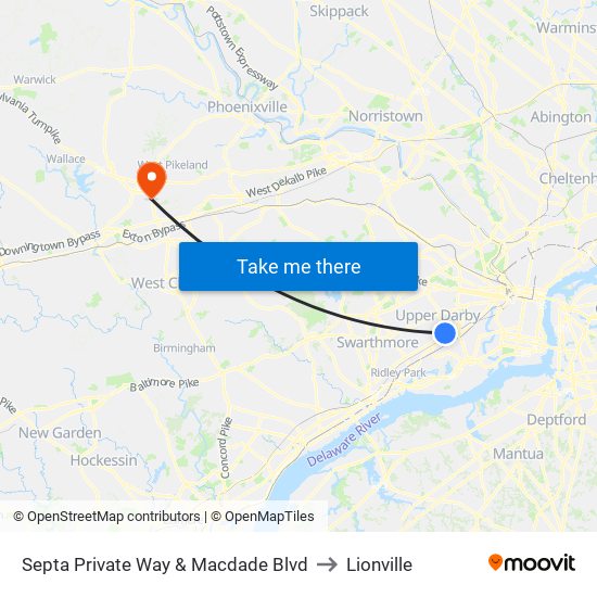 Septa Private Way & Macdade Blvd to Lionville map