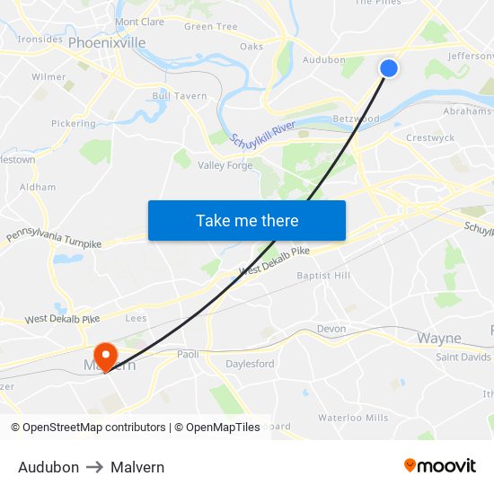 Audubon to Malvern map