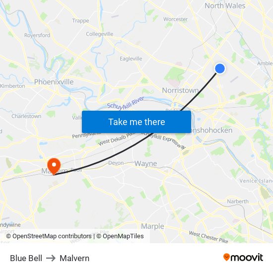 Blue Bell to Malvern map