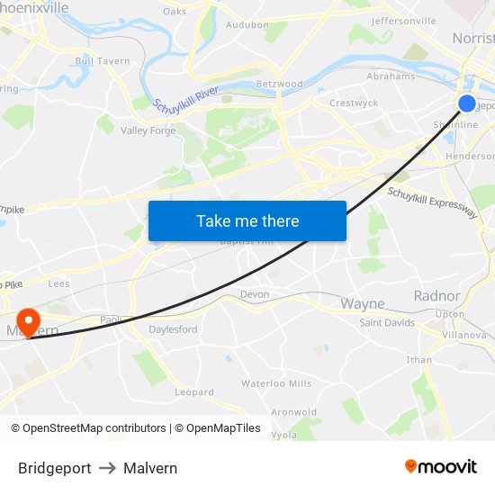 Bridgeport to Malvern map