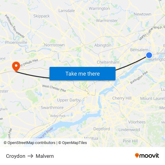Croydon to Malvern map