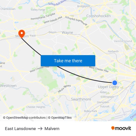 East Lansdowne to Malvern map