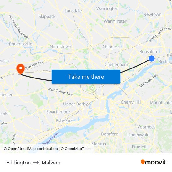 Eddington to Malvern map
