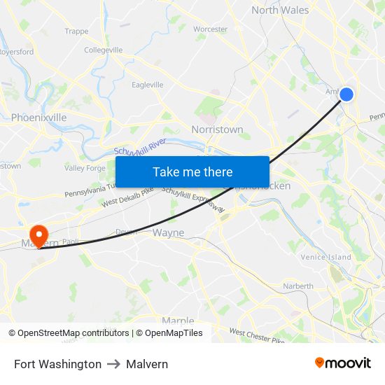 Fort Washington to Malvern map