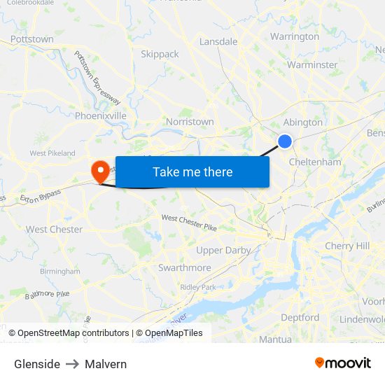 Glenside to Malvern map