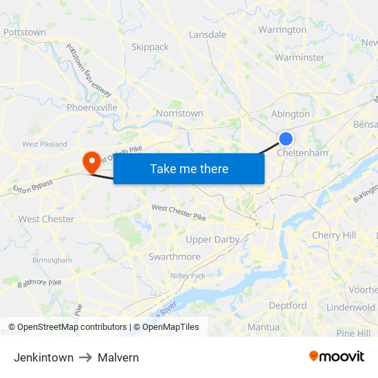 Jenkintown to Malvern map
