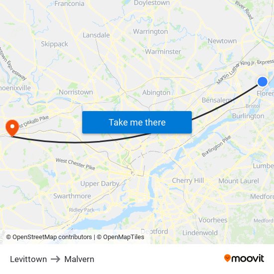 Levittown to Malvern map