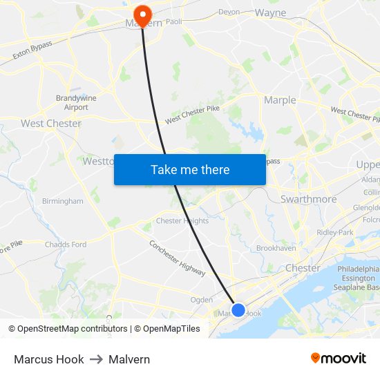 Marcus Hook to Malvern map