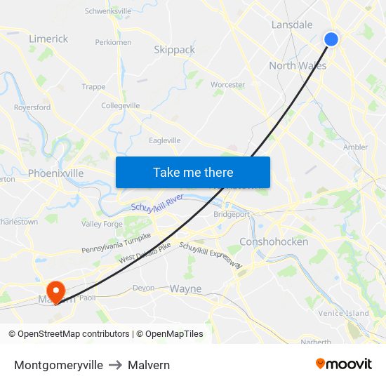 Montgomeryville to Malvern map