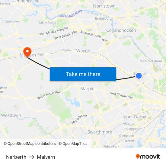 Narberth to Malvern map