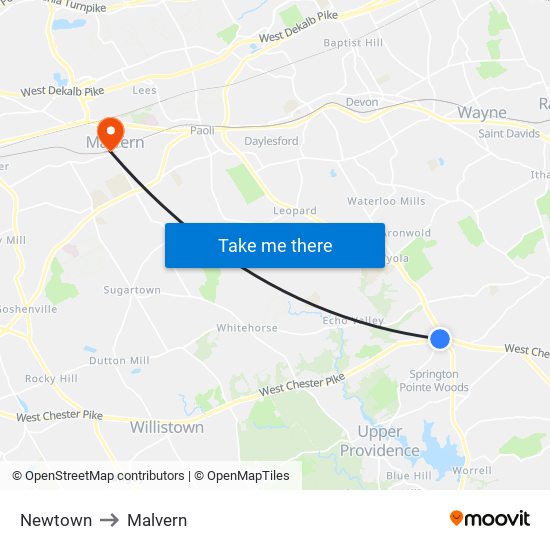 Newtown to Malvern map