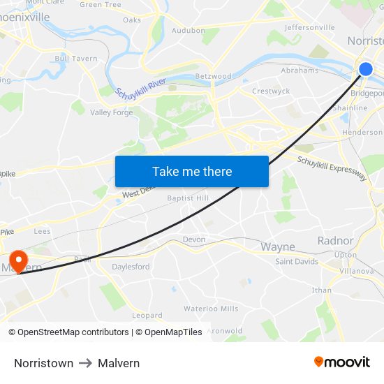 Norristown to Malvern map