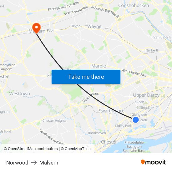 Norwood to Malvern map
