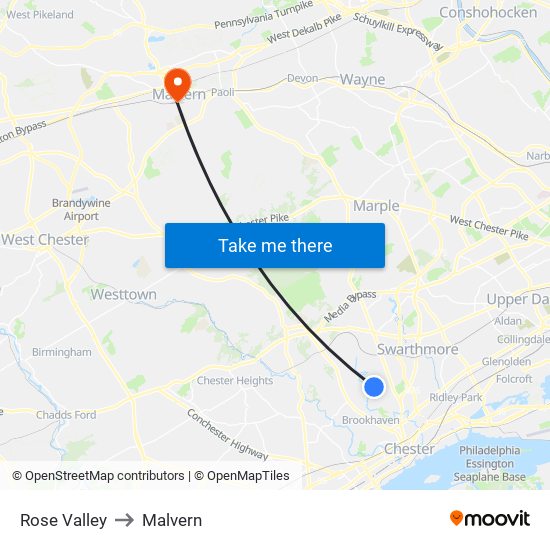 Rose Valley to Malvern map