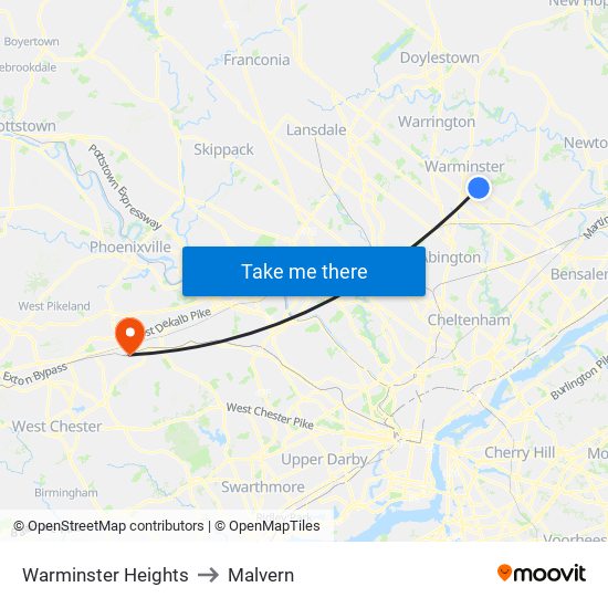 Warminster Heights to Malvern map