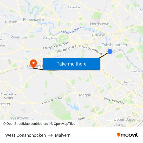 West Conshohocken to Malvern map